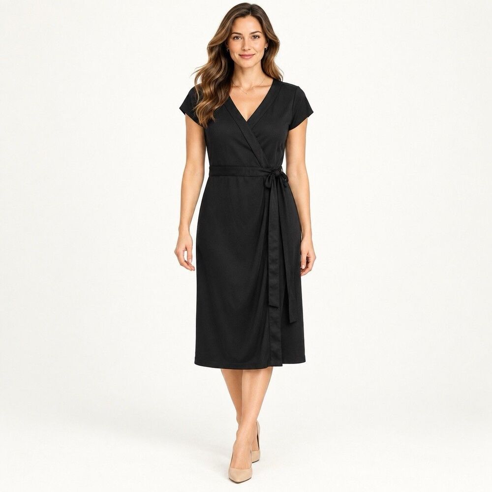 Style & Co. Women’s L Black Solid Wrap V-Neck Short Sleeve Midi Jersey Stretch